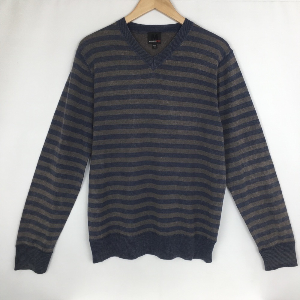 Murano Men’s V-Neck Merino Wool Sweater Gray Stripes Size Medium Long Sleeves